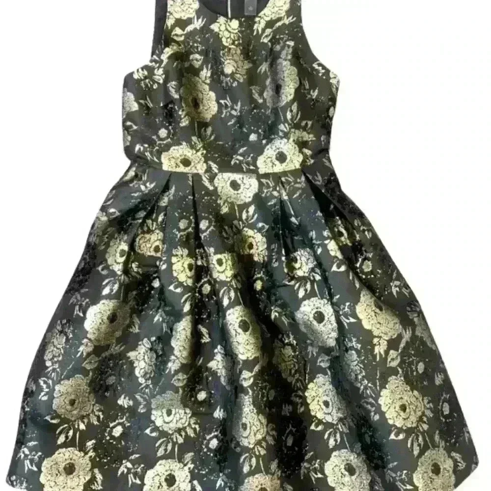 Ann Taylor Factory Black Gold Foil Floral Sleeveless Dress Fit & Flare - Picture 2 of 16
